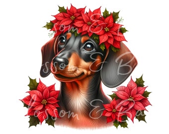 Digital Christmas Dachshund Dog PNG Holiday Dog Art - dachshund Puppy PNG Instant Download for Holiday decor, Gift and Sublimation