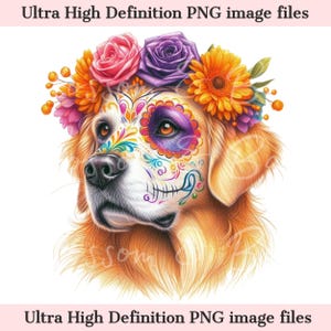 Digitale Golden Retriever PNG Dag van de Doden - Prachtige jachthond png-download voor Halloween Golden Retriever-sublimatie suikerschedel