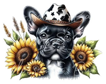 Digital French Bulldog PNG Beautiful Frenchie Dog PNG - Cowboy Dog Art PNG - Download for Sunflower Shirt Sublimation - safe for Commercial