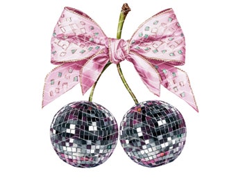Bola de discoteca rosa cereja retrô PNG - Download instantâneo para sublimação de cerejas - Laço fofo de cereja PNG - Design fofo de madrinha PNG