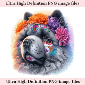 Digitaler süßer Chow Chow PNG Tag der Toten - Floral Sugar Skull Hund PNG Download für Halloween Dog Mom Shirt Sublimation Mexikanischer Zuckerschädel