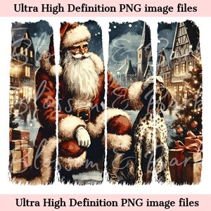 May include: A digital art print depicting Santa Claus in a red suit with white fur trim, a long white beard, and glasses. He is with a spotted dog in a winter scene with buildings, a Christmas tree, and gifts. The text "Ultra High Definition PNG image files" is at the top and bottom.