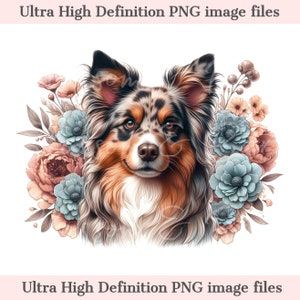 Digital Merle Australian Shepherd Dog PNG Flower Dog Art - Cute Brown Aussie Puppy PNG Instant Download for Home Decor and Crafting Gifts