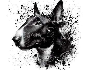 Può includere: Illustrazione digitale in bianco e nero della testa di un Bull Terrier su uno sfondo di vernice schizzata.