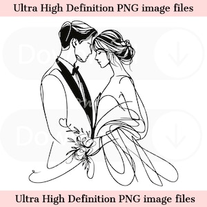 Linha de esboço digital Noiva e noivo Arquivo PNG Linda linha de tinta arte mínima arte de parede de casamento - download instantâneo PNG para decoração de casa e artesanato