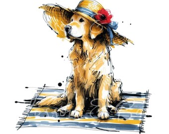 Digital Golden Retreiver PNG Watercolor Beach Dog PNG - Download for Summer Dog Mom Shirt Sublimation, Golden Retreiver, Safe for Commercial