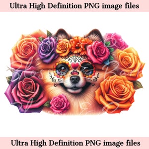 Digitaler Pomeranian PNG Tag der Toten - Süßer Pomeranian Hund PNG Download für Halloween Shirt Sublimation Clip Art für Hundemama Geschenk