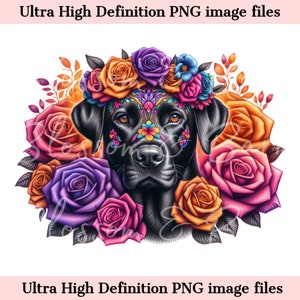 Digitaler schwarzer Labrador PNG Tag der Toten png - Süßer Labrador-Welpe PNG Sofort-Download für Halloween Sugar Skull Sublimation für Hundemutter