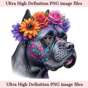 Digitaler süßer Cane Corso PNG Tag der Toten -Floral Sugar Skull Hund PNG Download für Halloween Dog Mom Shirt Sublimation Mexikanischer Zuckerschädel