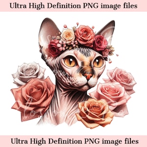 Art mural numérique beau chat Sphynx PNG fleur chat - mignon chaton PNG téléchargement immédiat pour décoration et sublimation cadeau - cadeaux pour maman chat mignon