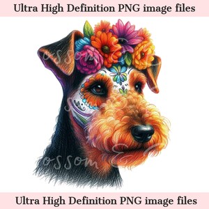 Digitaler süßer Airedale Terrier PNG Tag der Toten - Floral Sugar Skull Hund PNG Download für Halloween Dog Mom Shirt Sublimation Sugar Skull