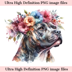 May include: A watercolor painting of a brindle pit bull terrier wearing a flower crown. The flowers are pink, blue, and yellow. The dog is looking to the right and has a soft expression.