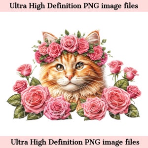 Art numérique chat roux magnifique PNG fleur chat - mignon chaton rouge PNG téléchargement immédiat pour toiletteur et sublimation - cadeaux mignons pour maman chat