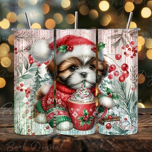 Digital - Copo de cachorro Shih Tzu de Natal embrulhado em 20 oz Design de sublimação de copo fino, café de Natal fofo PNG para download, Shih Tzu png