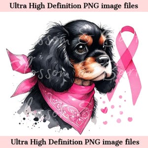 Cavalier King Charles Spaniel PNG digital Concientización sobre el cáncer de mama PNG, Cavalier Dog PNG, Descarga para sublimación de camisetas de mamá perruna, Seguro para usar