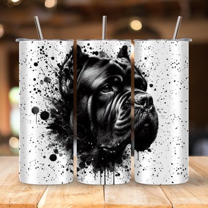 May include: A white stainless steel tumbler with a black and white graphic of a Cane Corso dog's head. The graphic has a splatter paint effect.