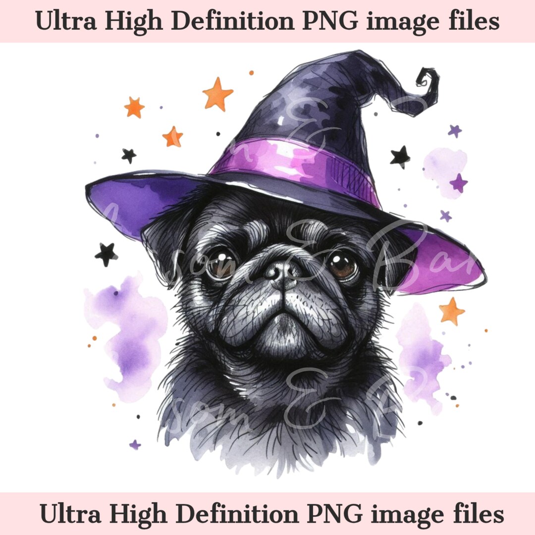 Digital Black Pug Halloween Dog PNG, Cute Puppy PNG Autumn Witch Dog ...