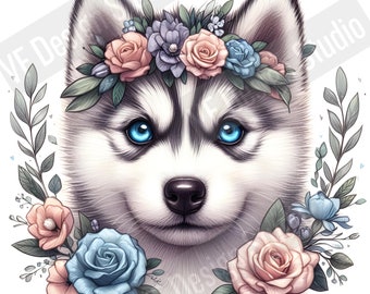 Digital Siberian Husky Dog PNG Flower Dog Art - Cute huskies PNG Instant Download for Home Decor and Crafting Gifts - Cute Dog Mom gifts