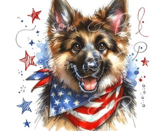 Digital Cute German Shepherd PNG Printable Dog Portrait PNG - Summer Dog PNG - Download for German Shepherd Dog Mom 4th of July Sublimation