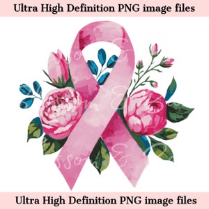 Digital Floral Cancer Warrior Ribbon PNG Watercolor Breast Cancer PNG - Download for Pink Cancer Awareness Sublimation - Commercial Use