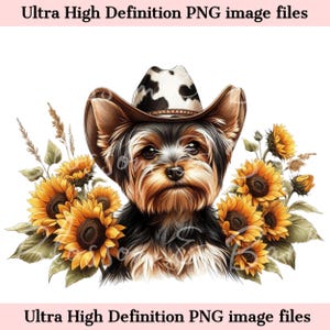 Digitaler Yorkshire Terrier PNG Süßer Cowboy Hund PNG - Yorkie Dog Art PNG - Sofortiger Download für Sonnenblumen-Shirt-Sublimation - für kommerzielle Nutzung