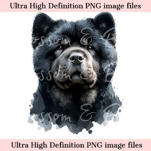 Retrato de perro Chow Chow negro digital PNG con acuarela PNG - Descarga para sublimación de camiseta de mamá de perro Chow Chow negro - Seguro para uso comercial