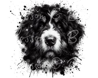 May include: Black and white digital illustration of a dog's head with a splatter paint background.
