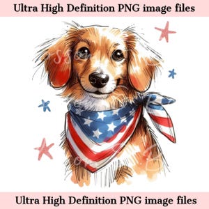 Puede incluir: Una ilustración de dibujos animados de un perro marrón y blanco con un pañuelo rojo, blanco y azul con estrellas. El pañuelo está estampado como la bandera estadounidense. El perro mira al espectador con una expresión feliz.