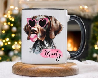 Personalized Bubblegum German Shorthair Pointer Mug - Custom Pet Portrait Ceramic Mug - 11 oz and 15 oz - Black Handle - GSP Dog Owner Gift