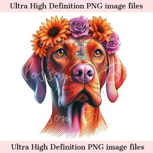 Digitale Vizsla PNG Dag van de doden - mooie jachthond PNG-download voor Halloween Vizsla shirt sublimatie suikerschedel illustraties