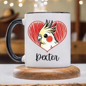 Heart Bird Portrait Mug with Black Handle - Ceramic Coffee Cup, Microwave & Dishwasher Safe, Personalized Pet Gift for Cockatiel Owner