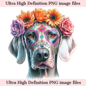 Digitale weimaraner png Dag van de doden - mooie jachthond PNG-download voor Halloween jachtshirt sublimatie suikerschedel illustraties