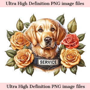 May include: A golden retriever service dog with a black service vest that says "SERVICE" is surrounded by yellow and orange roses.