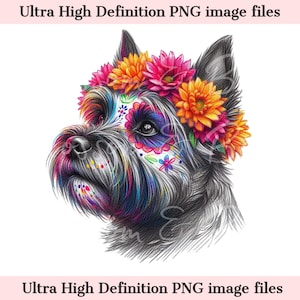 Digitaler süßer Cairn Terrier PNG Tag der Toten - Floral Sugar Skull Hund PNG Download für Halloween Dog Mom Shirt Sublimation De Los Muertos
