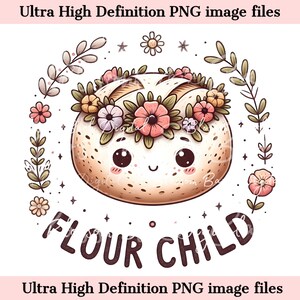Op de afbeelding: Een cartoonillustratie van een rond brood met een bloemenkrans, lachend met grote ogen. De tekst "FLOUR CHILD" staat onder het brood.