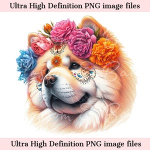 Digitaler süßer Chow Chow PNG Tag der Toten - Floral Sugar Skull Hund PNG Download für Halloween Dog Mom Shirt Sublimation Mexikanischer Zuckerschädel