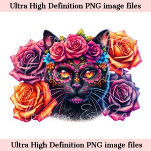 デジタル黒猫 PNG 死者の日 - かわいい黒子猫 PNG ハロウィンシャツ用ダウンロード 猫ママのための昇華シュガースカル クリップ アート