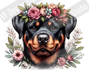Digital Rottweiler Dog PNG Flower Dog Art - Lindo cachorro rottie PNG Descarga instantánea para decoración del hogar y regalos de artesanía - Regalos lindos de mamá perro