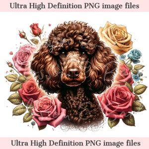 Cachorro de flor PNG de poodle chocolate digital - Cachorro marrom de poodle padrão PNG Download instantâneo para decoração de casa e presentes de artesanato - Mãe de cachorro fofa