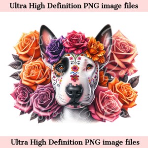 Digitaler Bullterrier PNG Tag der Toten – Süßer Bullterrier Hund PNG Download für Halloween Shirt Sublimation Sugar Skull Clip Art als Geschenk