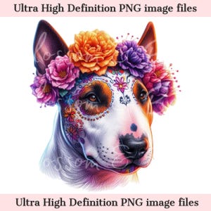 Digital Bullterrier PNG Tag der Toten - Bullterrier Hund PNG Download für Halloween Shirt Sublimation Zuckerschädel Clip Art für Geschenk