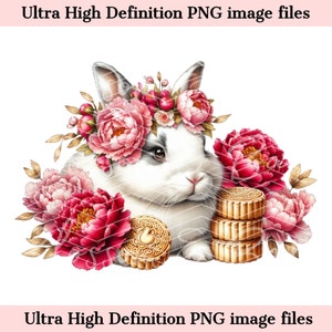 Digital Cute Rabbit PNG Flower Autumn Festival Art - New Year PNG Instant Download for Shirt Sublimation and Journaling - Mooncake png