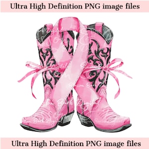 Botas de apoyo contra el cáncer de color rosa digital PNG Acuarela Cáncer de mama PNG - Descarga para sublimación de camisetas de concientización sobre el cáncer de color rosa - Uso comercial