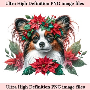 Digitale kerst Papillon hond PNG vakantie hond kunst - Papillon puppy PNG Instant Download voor vakantie decor, cadeau en kerst shirt sublimatie