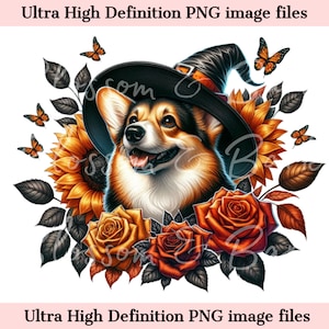 Digitale Pembroke Welsh Corgi Halloween-hond PNG - Corgi PNG Instant Download voor hondentrimmer en vintage bloemenheks shirt sublimatie
