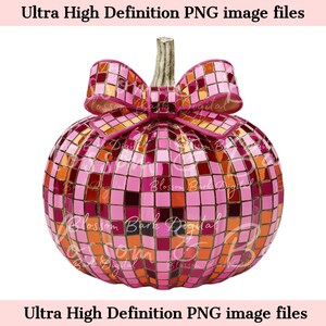 May include: A decorative pumpkin with a mosaic tile design in shades of pink, orange, and gold. The pumpkin has a bow on top and a stem. The text "Ultra High Definition PNG image files" is at the top and bottom.