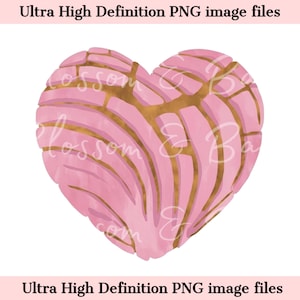 May include: A pink and gold heart-shaped pastry with a decorative pattern. The pastry is a traditional Mexican sweet bread called a concha.