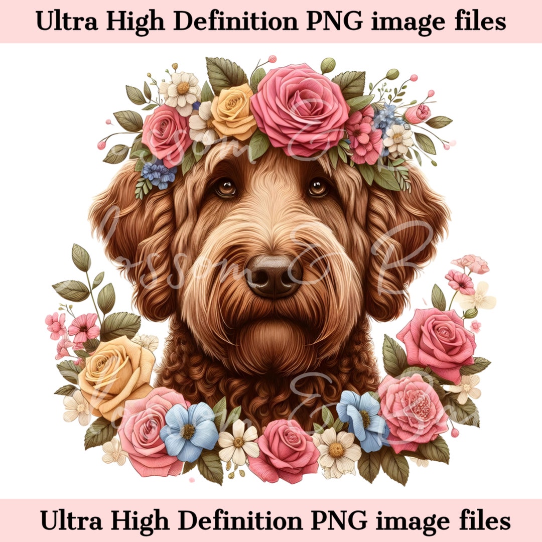 Digital Chocolate Labradoodle PNG Flower Dog Art - Cute Brown Doodle ...