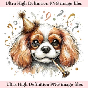 Perro Cavalier de Año Nuevo digital PNG Arte de perro festivo - Cachorro de cumpleaños Charles Spaniel PNG Descarga instantánea para regalo navideño y sublimación