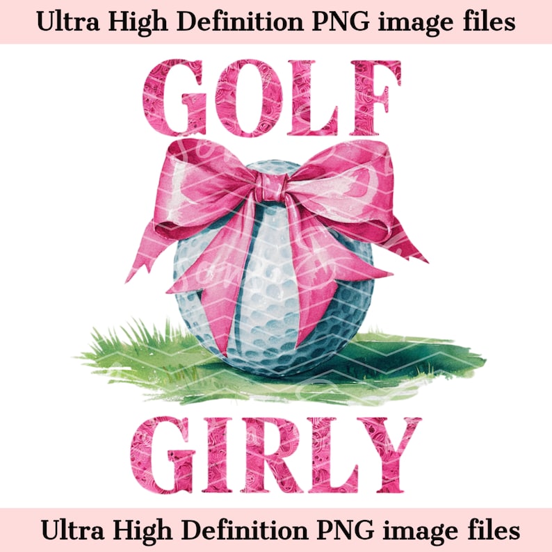 K&ouml;nnte beinhalten: Ein wei&szlig;er Golfball mit einer rosa Schleife oben. Die W&ouml;rter "GOLF" und "GIRLY" sind in rosa Buchstaben mit einem strukturierten Muster.